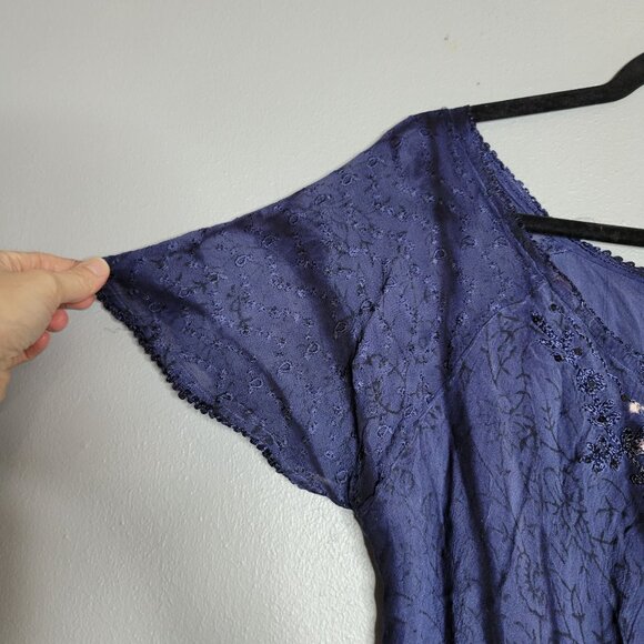 Advance Apparel Womens Plus One Size Fairy Embroidered Blouse Short Sleeve Pleat - Picture 5 of 8